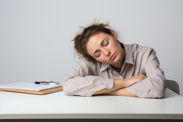 Photo bored tired young pretty woman with bun thinking dreaming lying on table over white background