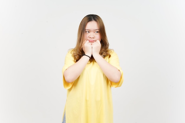 Boring Gesture of Beautiful Asian Woman wearing yellow TShirt Isolated On White Background