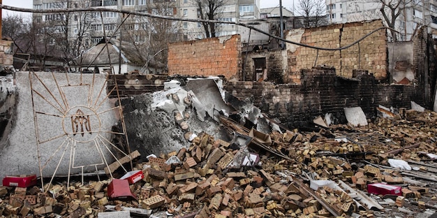 BORODYANKA UKRAINE APR 06 2022 War in Ukraine Chaos and devastation on the streets of Borodyanka as a result of the attack of Russian invaders