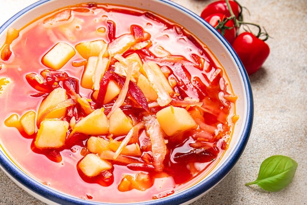 borsch red vegetable soup beetroot, cabbage, tomato, onion healthy meal food snack on the table