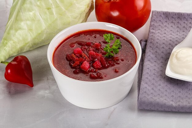 Borsch soup with cabbage meat and beetroot