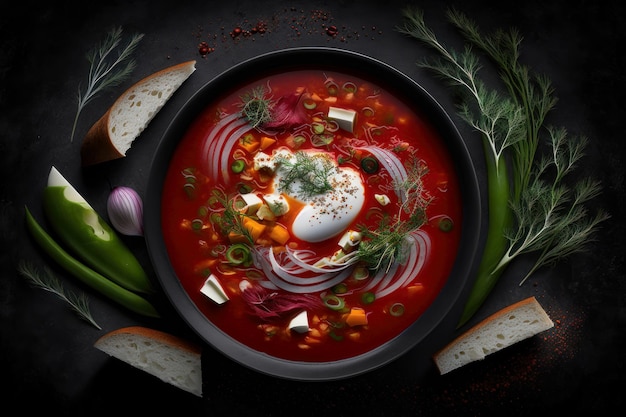 Borsch a Ukrainian national dish on a dark background AI generation