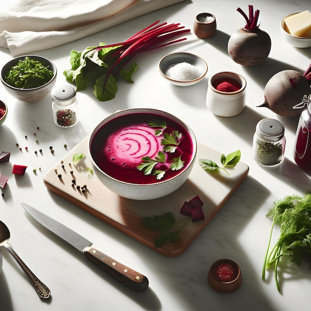 Photo borscht beetroot soup on white marble kitchen counter