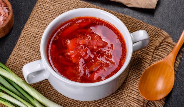 Borscht traditional Ukraine soup made of beetroot tomato cabbage carrot and beef