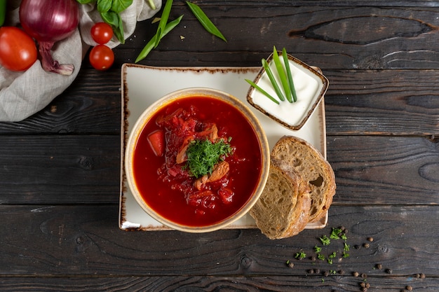 Borscht with beef and sour cream.