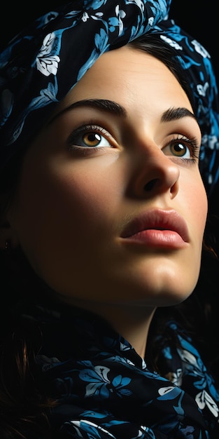 Bosnian woman with blue scarf and brown eyes looking closeup in