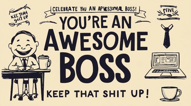 Photo boss day inspirational and motivational greeting card with inscription you are an awesome boss and doodles greeting card or print for bosss day vector illustration