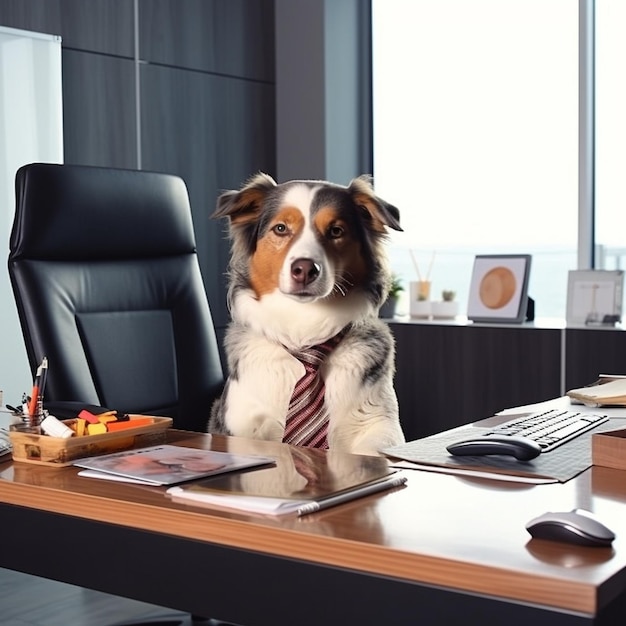 A Boss dog in the office behind a desk by Generative AI