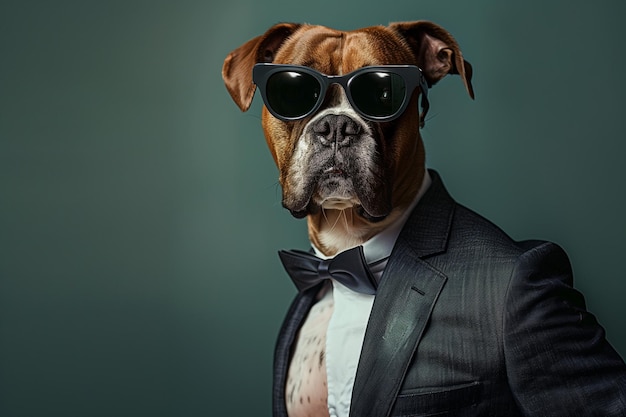 Boss dog posing in human costume fashion studio portrait