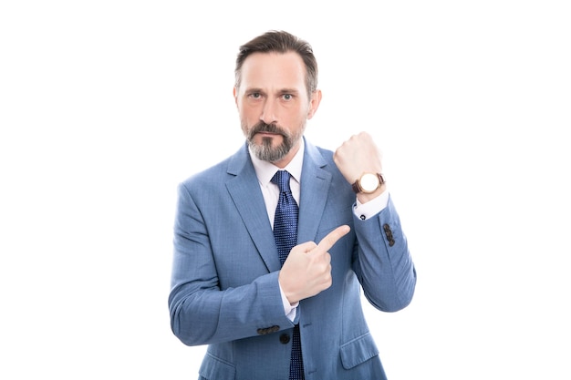 Boss showing wristwatch you are late deadline time management male fashion accessory ceo man checking time serious businessman pointing finger on hand watch business professional dress code