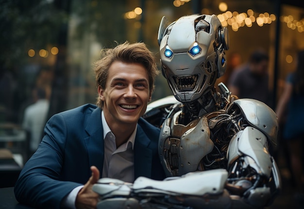 a boss taking selfie with happy reaction with his employees Robot and human friendship future ai