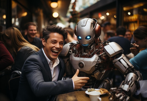 a boss taking selfie with happy reaction with his employees Robot and human friendship future ai