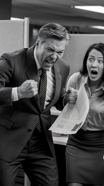 Photo bossy manager tearing apart business reports in front of his female colleague in the office