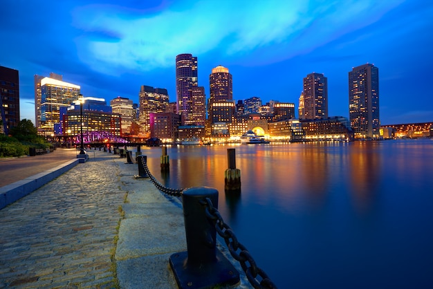 Boston sunset skyline at Fan Pier Massachusetts