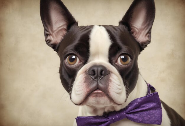 Photo boston terrier adult dog wearing bow tie and monocle white background studio portrait