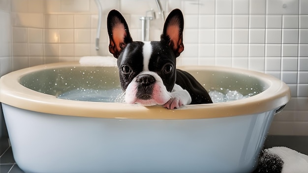 A boston terrier bathing in a sink Generate Ai