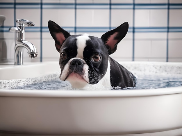 A boston terrier bathing in a sink Generate Ai