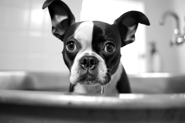 Boston Terrier Enjoying a Refreshing Sink Bath Generated Ai