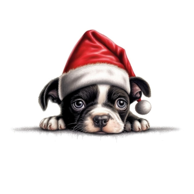 Boston Terrier puppy wearing Santa Hat