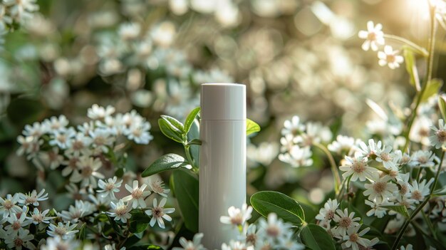 Photo botanical arrangement featuring skincare bottle among fresh daisies in soft lighting