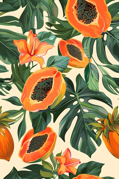 Botanical art pattern with papaya flowers and leaves on white background