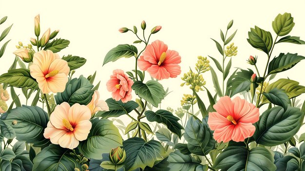 Botanical artwork of hibiscus flowers in bloom