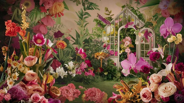 Botanical backdrop nature and gardening concept vintage flowers in a dream garden floral background