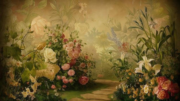 Botanical backdrop nature and gardening concept vintage flowers in a dream garden floral background