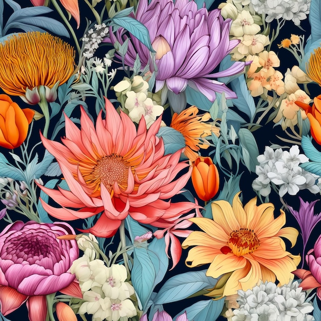 The botanical of beautiful various flowers pattern AI Generated