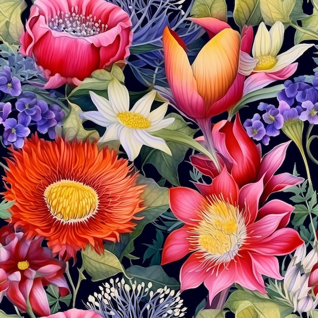 The botanical of beautiful various flowers pattern AI Generated