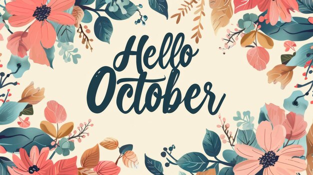 Botanical border with greeting lettering Hello October in center