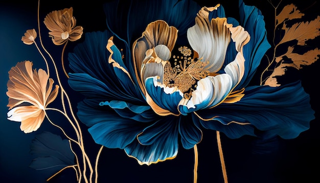 Botanical flowers with one big flower for whole artwork flowing alcohol ink style bioluminescence navy blue background white gold Generative AI