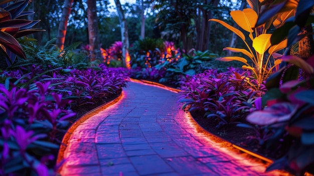 Photo botanical garden light show illuminated pathways nighttime magic family outing photorealistic hd