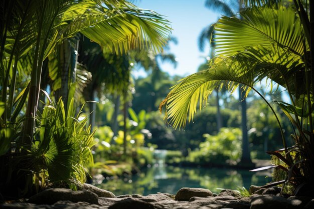 Botanical Garden Palmeiras of Leque leaves under blue sky generative IA