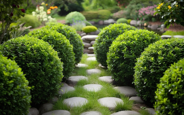 Photo botanical garden with shrubs trimmed into round shapes and a stone path with grass growing between t