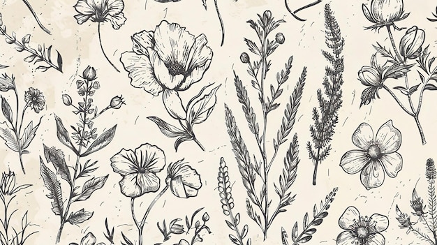 Photo botanical illustration featuring various flowers and herbs on a light background