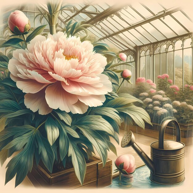 Botanical Illustration of a Lush Peony delicate petals nestled in a Victorian greenhouse