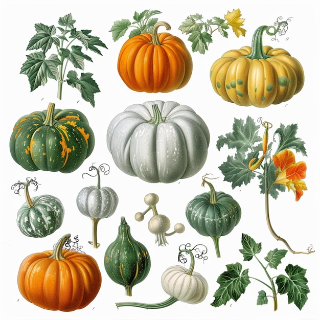 Photo botanical illustration of pumpkin varieties