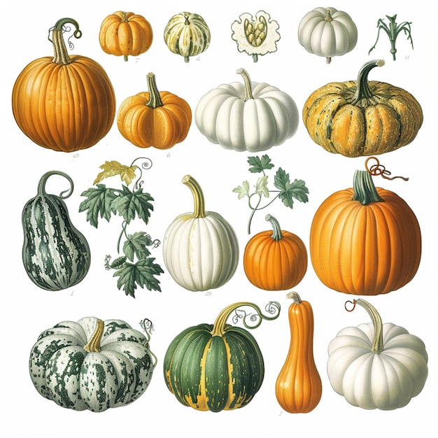 Photo botanical illustration of pumpkin varieties