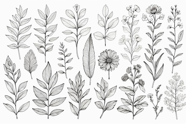 Photo botanical leaf doodle wildflower line art drawings collection