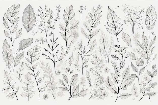 Photo botanical leaf and floral abstract doodle line art set