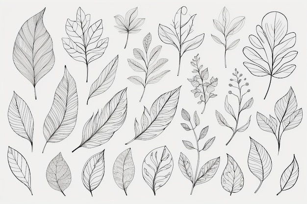 Photo botanical leaf and floral abstract doodle line art set