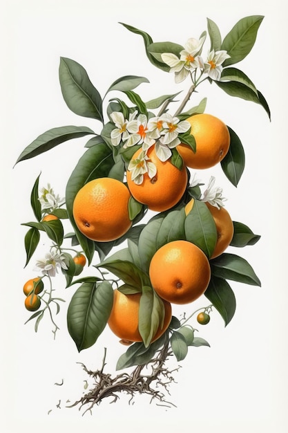 Botanical painting of oranges and leaves, white background