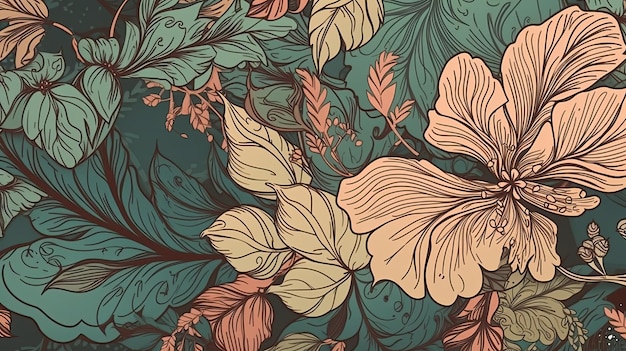 Botanical seamless pattern with vintage leaf illustration for textile design Generative AI