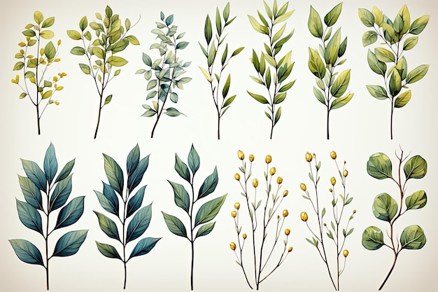 Botanical set of green leaves and branches Watercolor