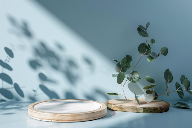 Botanical Setting with Wooden Platform Eucalyptus Leaves and NatureInspired Decor