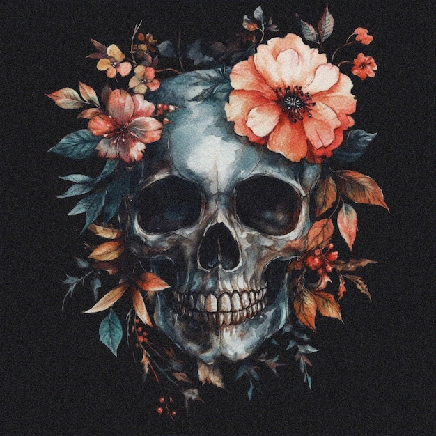 Photo botanical skull watercolor art with floral elements gothic style on dark background