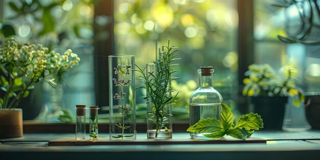 Botanical study using plant specimens in glass tubes for experimental setup Concept Botanical study Plant specimens Glass tubes Experimental setup