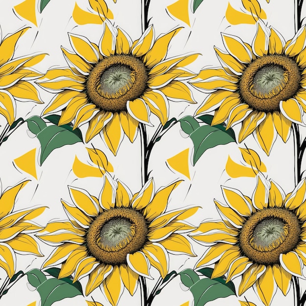 Botanical Sunflower Background Seamless Floral Illustration with Yellow Petals and Green Leaves Re