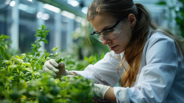 Botanist Studying Plant Specimens in a Greenhouse Laboratory for Research and Analysis